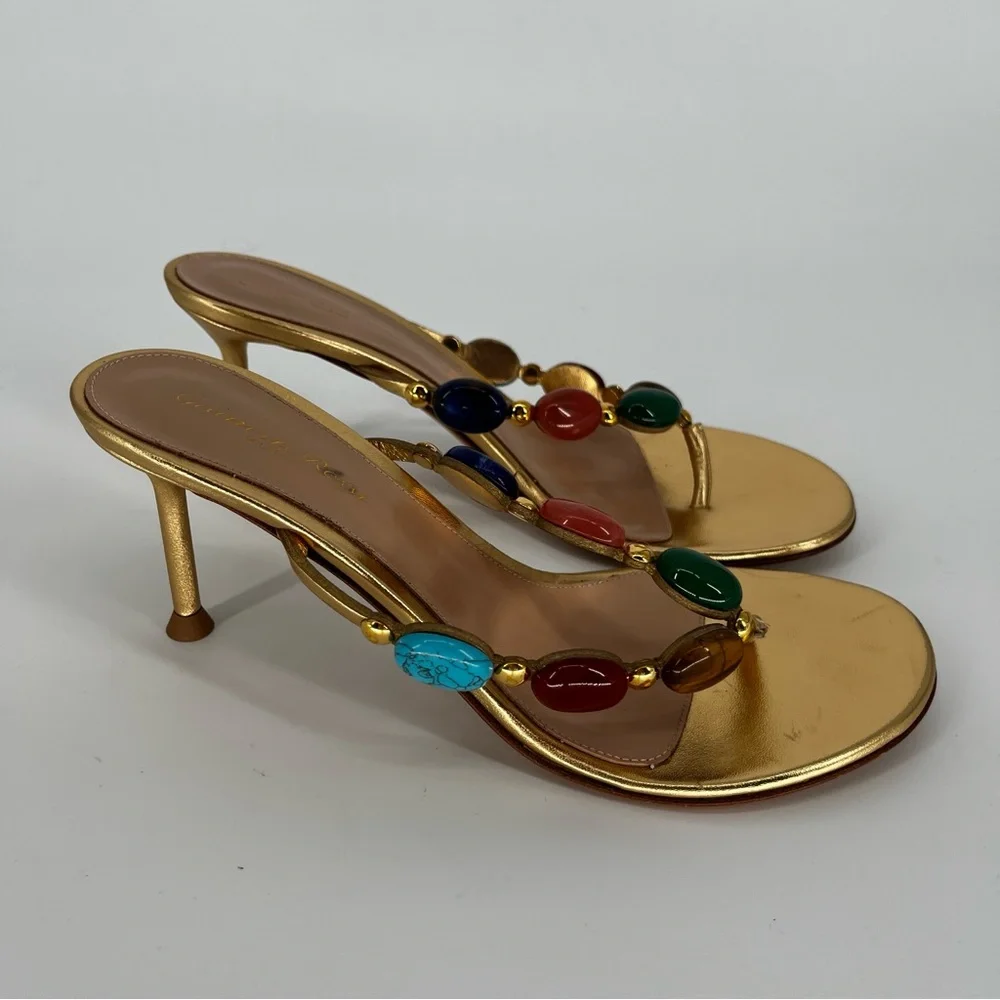 Gianvito Rossi Shanti Thong 70 Sandals Gold Jeweled Size 9 - Picture 8 of 14